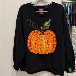 QUEEN OF SPARKLES Black Sweater with Orange Pumpkin Design